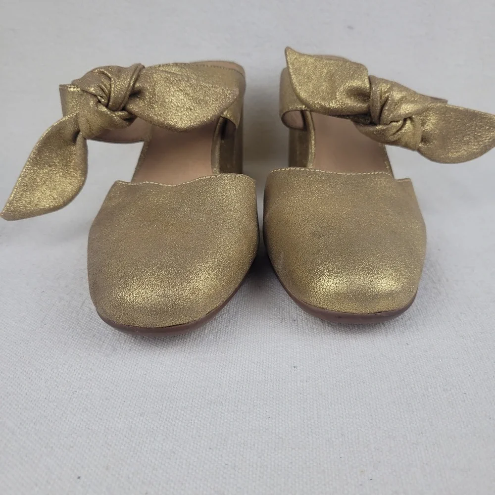 Madewell The Zoe Bow Mule Gold Metallic Leather 3" Block Heel Women's Size 6 - Picture 2 of 7